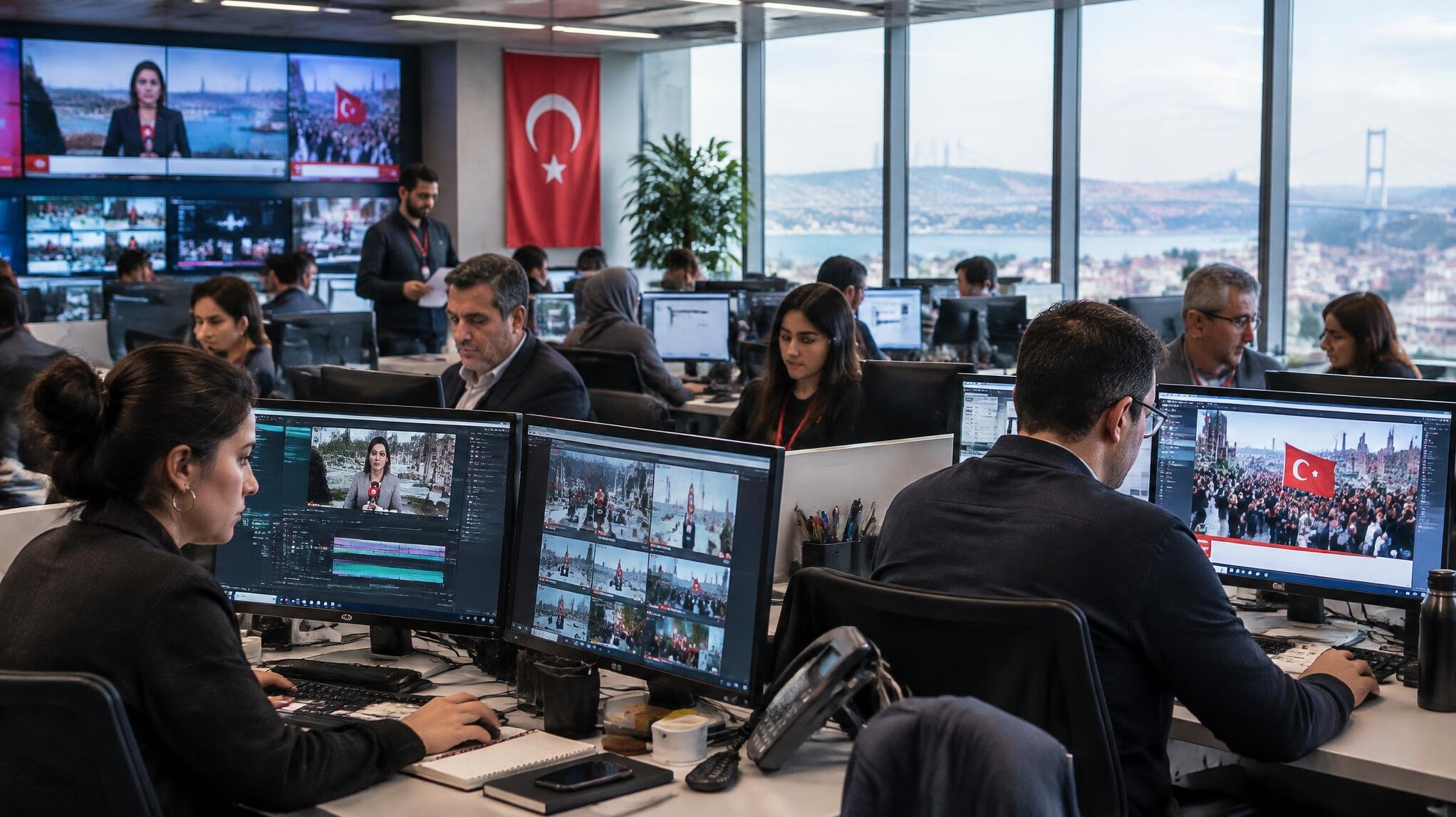 Journalists working together in a modern newsroom