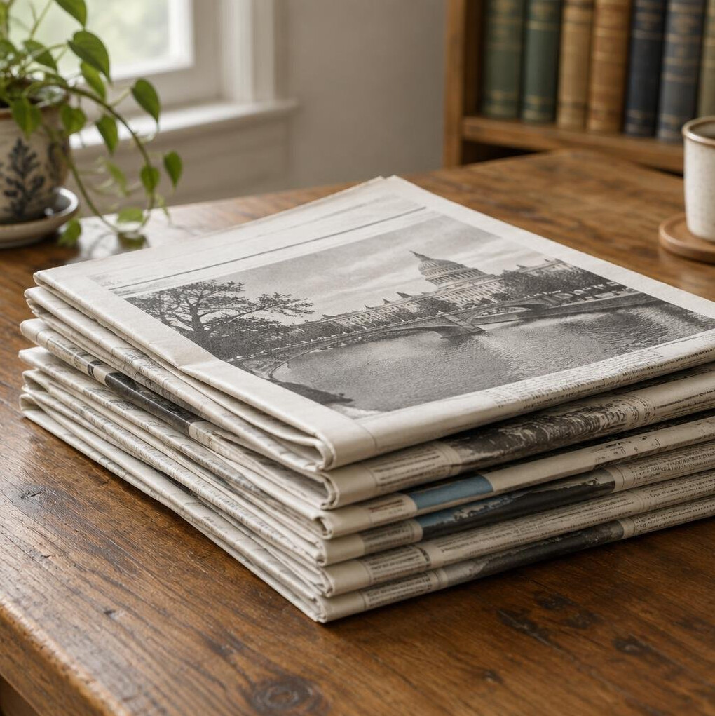 Stack of printed newspapers on a table